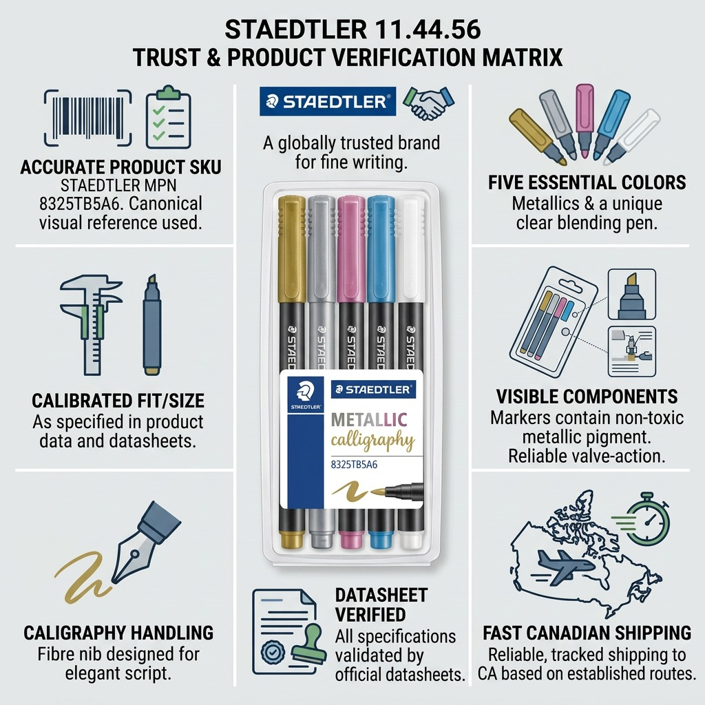STAEDTLER – Lot de 5 marqueurs métal pour calligraphie, réf. 8325TB5A6 — caractéristiques illustrées