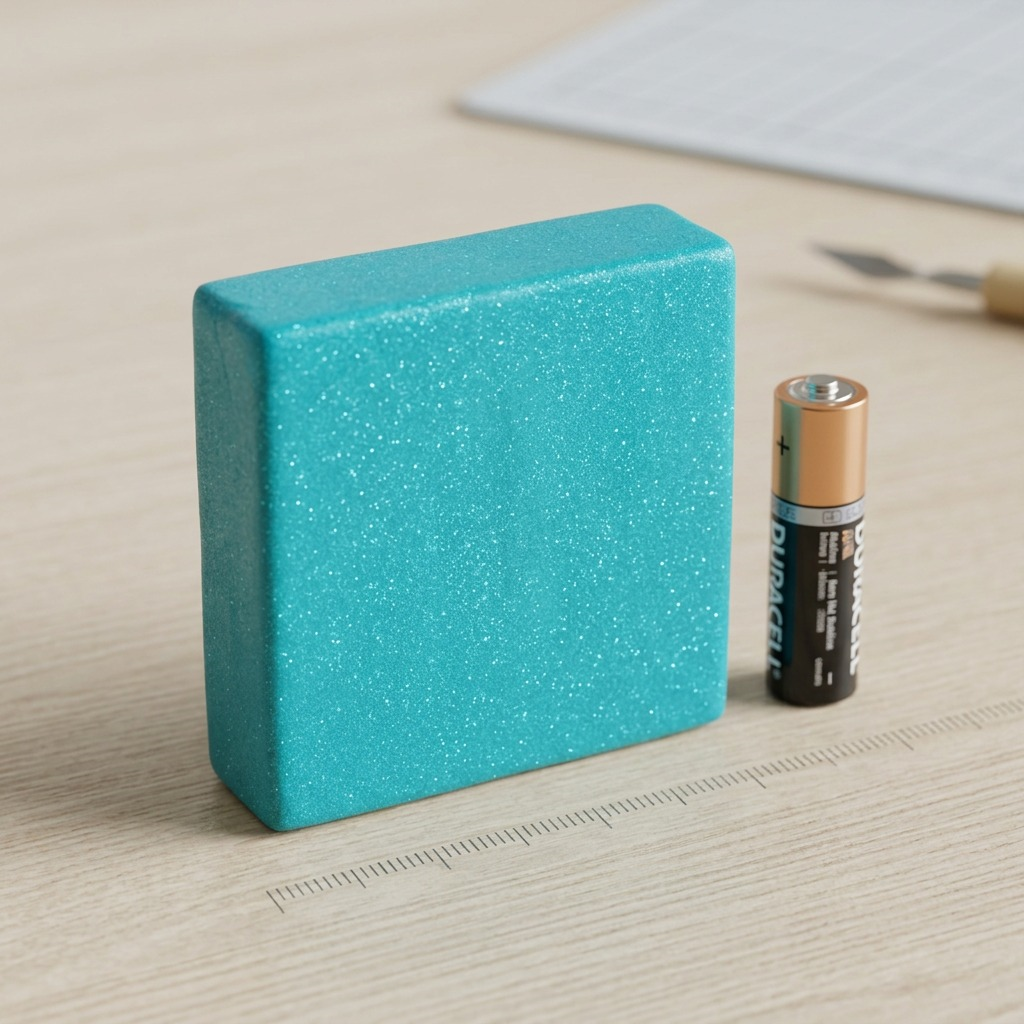 STAEDTLER Fimo Effect glittery turquoise oven-bake modeling clay, 57g block, front view on white background.