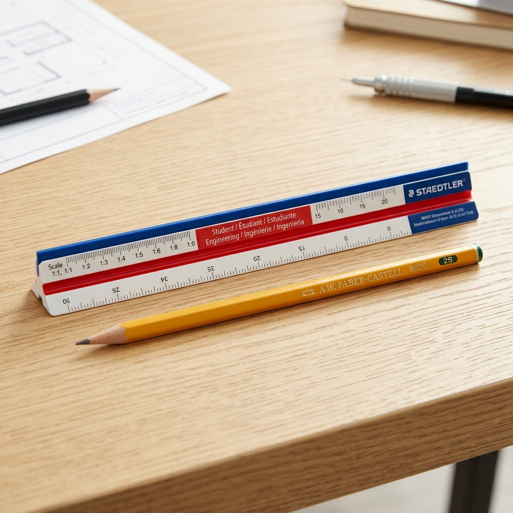 A clean, high-resolution product shot of the STAEDTLER triangular scale rule, isolated on a pure white background.