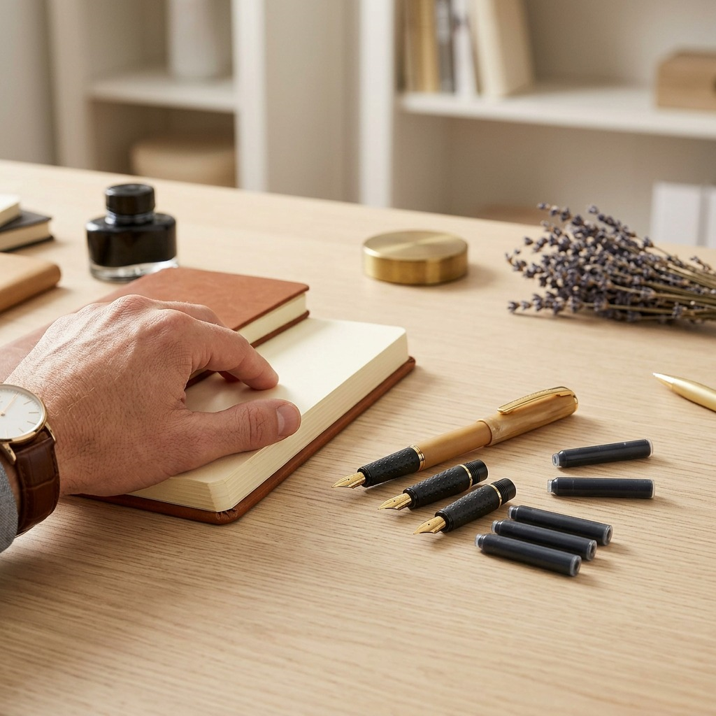 High-resolution hero shot of the STAEDTLER Calligraphy set's individual metal pen body, two nibs, and four ink cartridges.