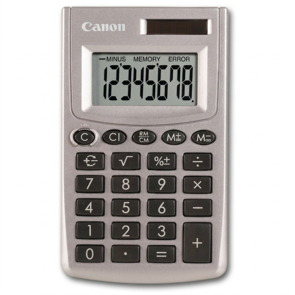 Canon LS-270L 8-digit pocket calculator with silver finish, solar panel, and large LCD display.