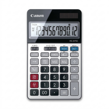 Canon HS-20TSC desktop calculator with 12-digit display, silver finish, and solar/battery power.