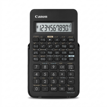 Front view of a black Canon F-605G scientific calculator with a 10+2 digit display on white.