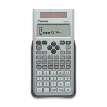 Canon F-792SGA scientific calculator in grey with 4-line display, solar panel, and hard case.