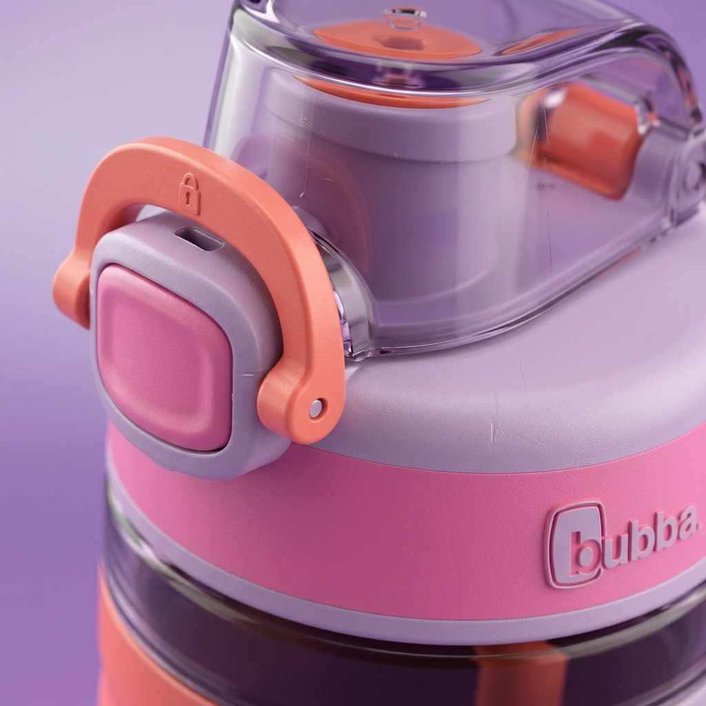 bubba Flo – Bouteille d’eau pour enfants 16 oz (473 ml), Lavender Frost/Azalea/Coral — gros plan du couvercle et du revêtement, réf. 2209468