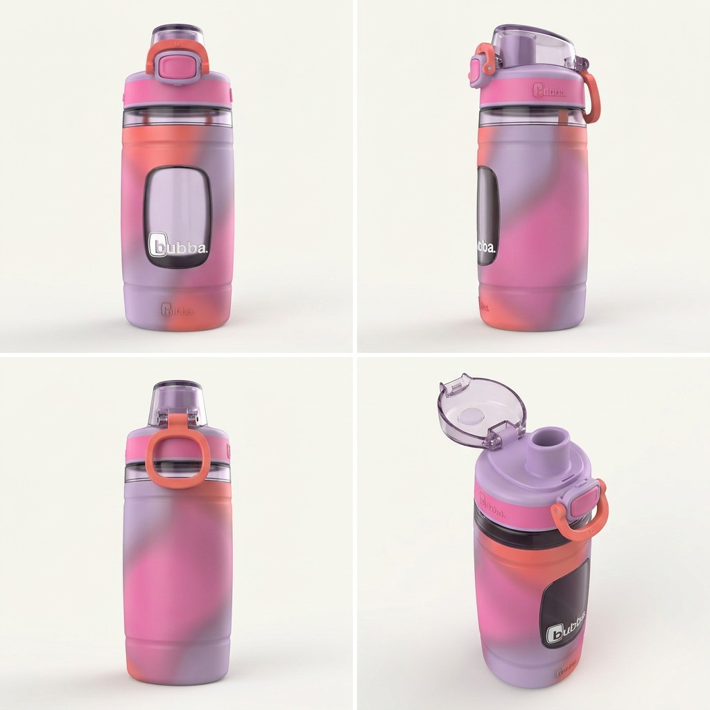 bubba Flo – Bouteille d’eau pour enfants 16 oz (473 ml), Lavender Frost/Azalea/Coral — gros plan du couvercle et du revêtement, réf. 2209468