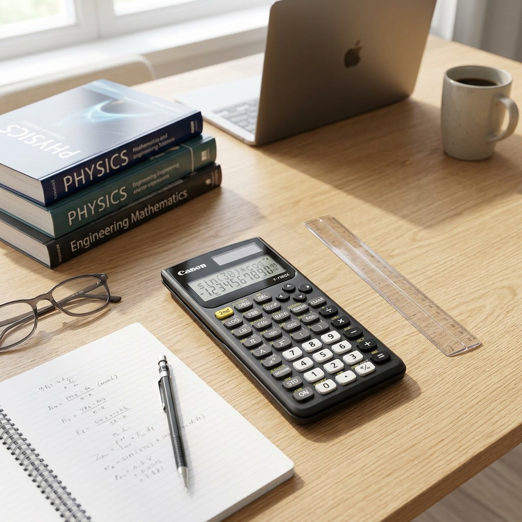 Canon F-730SX scientific calculator on a study desk with physics books, a notebook, and a laptop.