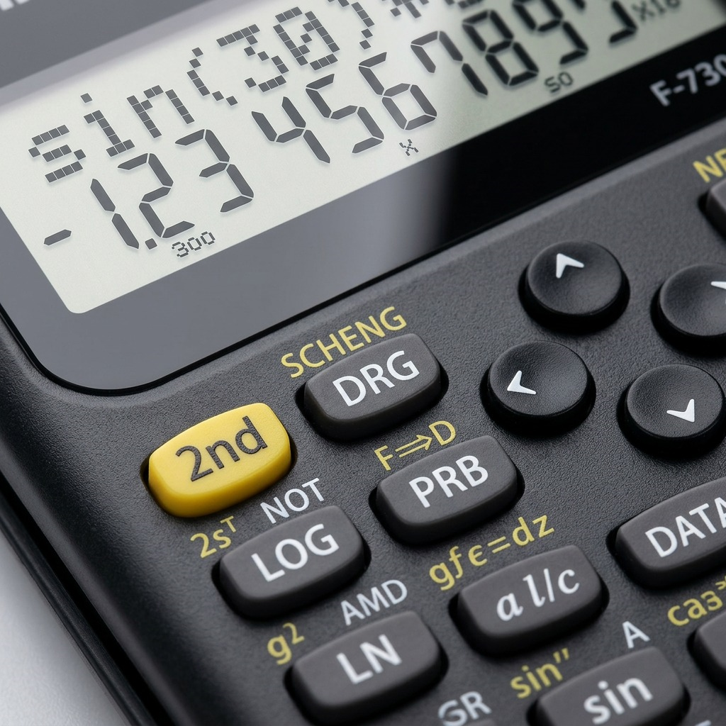 Macro detail of the Canon F-730SX scientific calculator 2-line LCD and tactile function buttons.