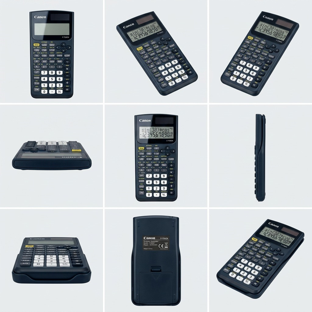 Grid of nine views showing the Canon F-730SX Scientific Calculator from multiple angles and sides.