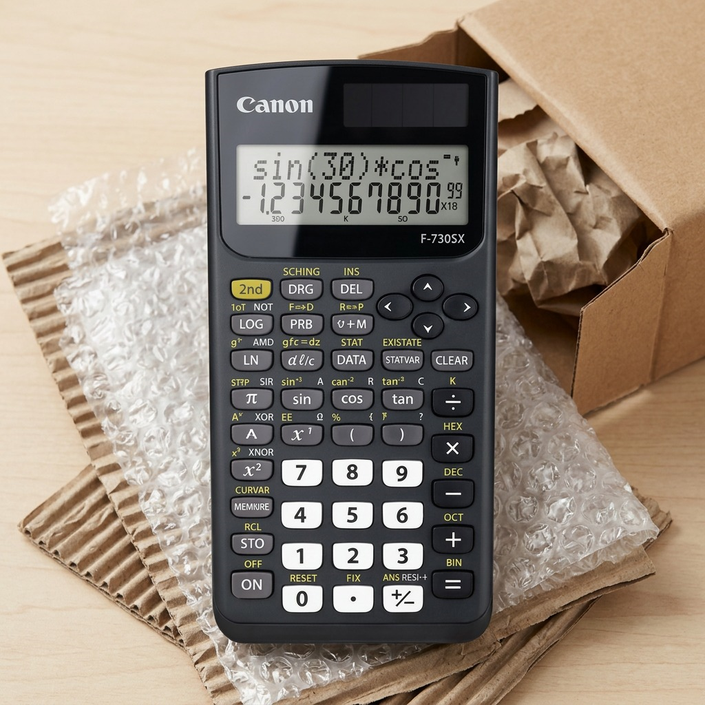 Canon F-730SX scientific calculator unboxed next to protective bubble wrap and shipping materials.