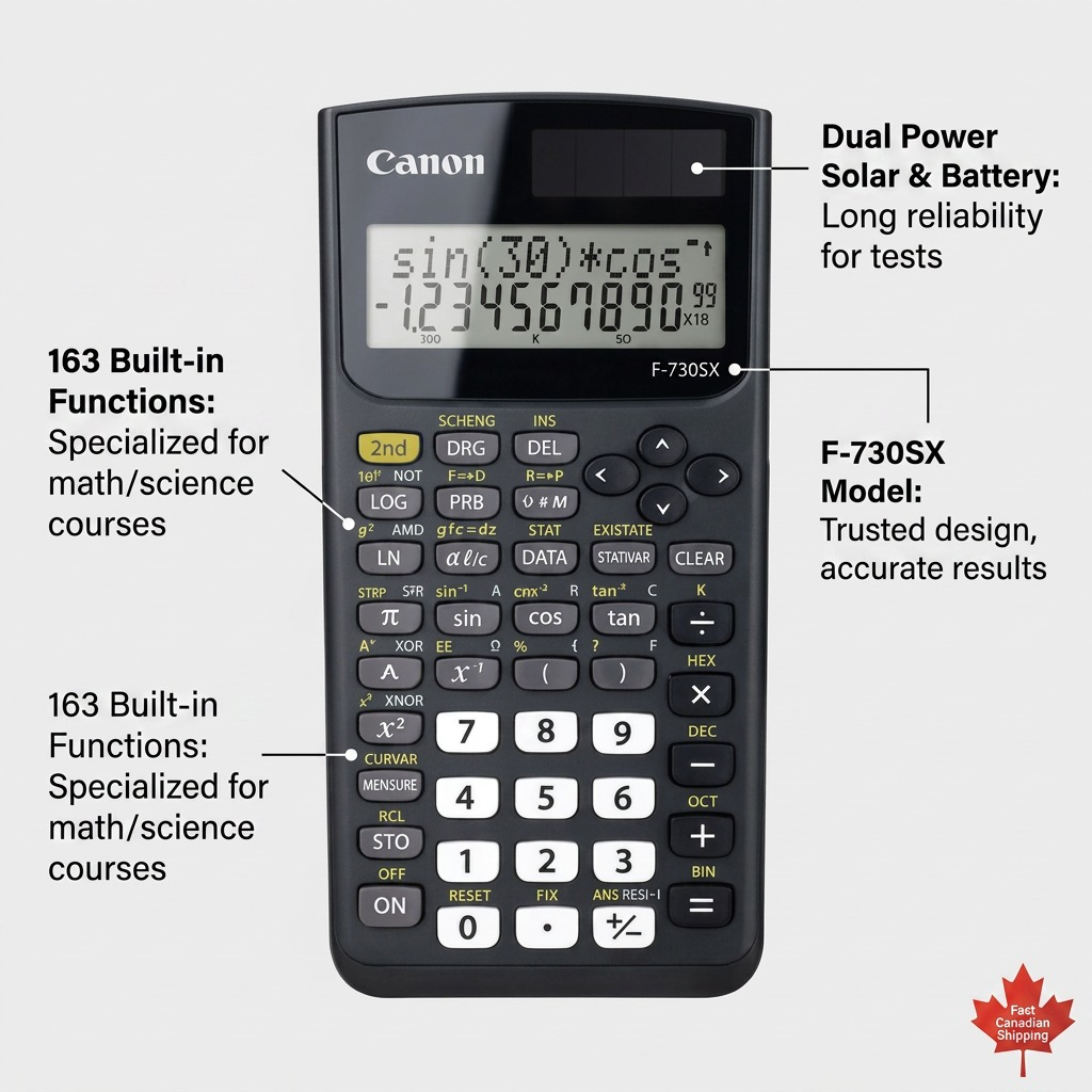 Canon F-730SX scientific calculator featuring 163 functions, dual power solar source, and 2-line LCD.