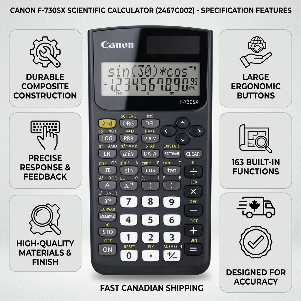 Canon F-730SX scientific calculator infographic highlighting 163 functions and Canadian shipping.