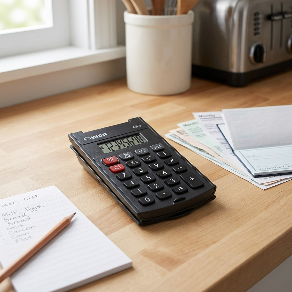 Canon AS-8 handheld 8-digit black calculator with clear LCD display and compact arc design.