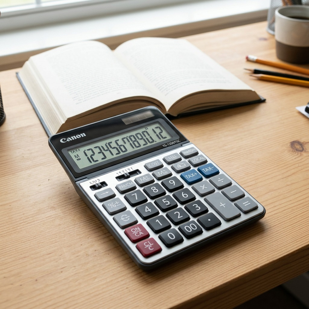 Canon TS-1200TSC desk calculator with 12-digit display, silver and black, solar and battery powered.