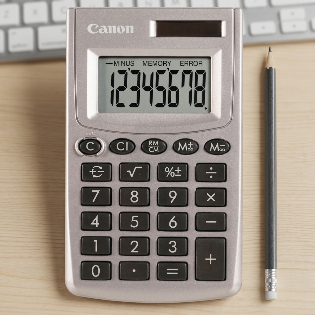 Canon LS-270L 8-digit pocket calculator with silver finish, solar panel, and large LCD display.