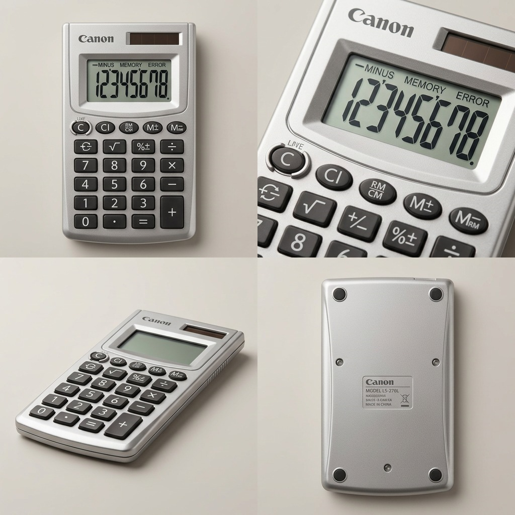 Matrix view of the Canon LS-270L calculator from the top, back, and angled, showing the 8-digit LCD.