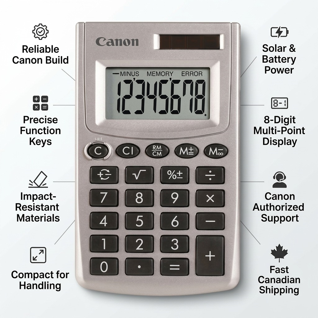 Canon LS-270L calculator infographic highlighting dual solar power, 8-digit display, and durable build.