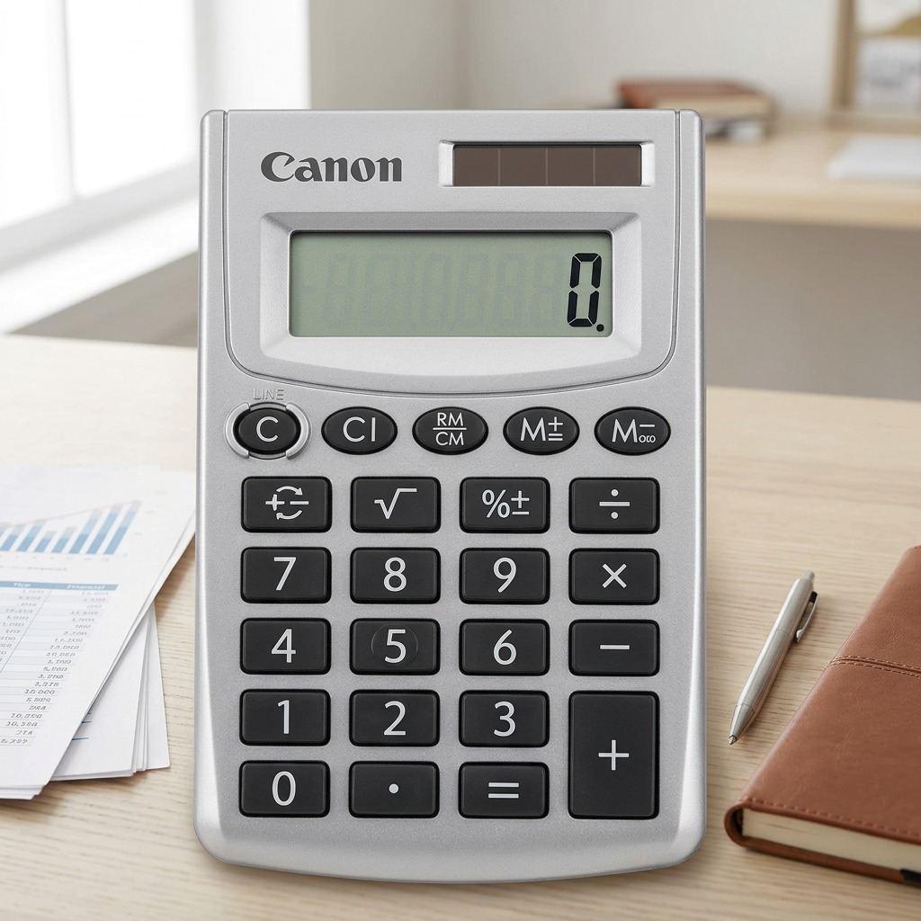 Silver Canon LS-270L 8-digit pocket calculator on a wooden desk with a notebook and pen.