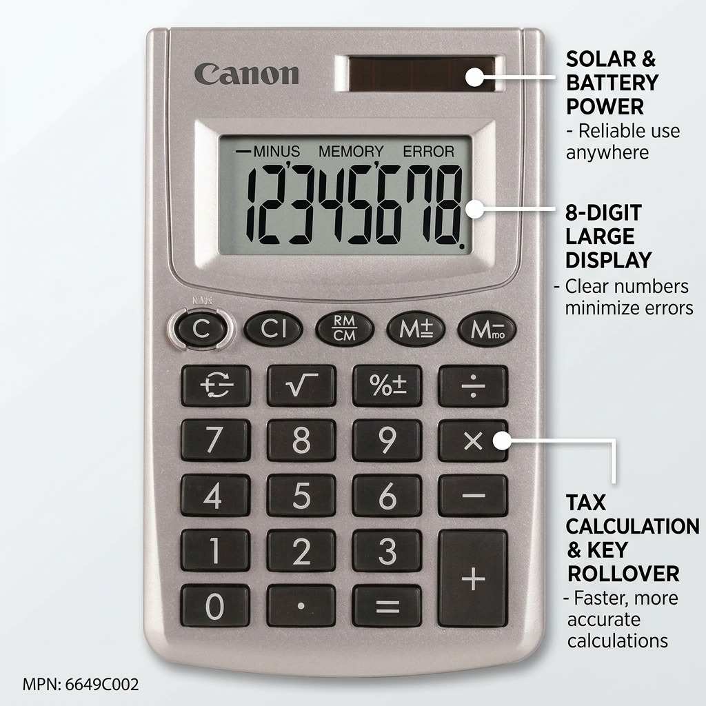 Canon LS-270L calculator with labels for dual solar power, 8-digit display, and tax calculation.