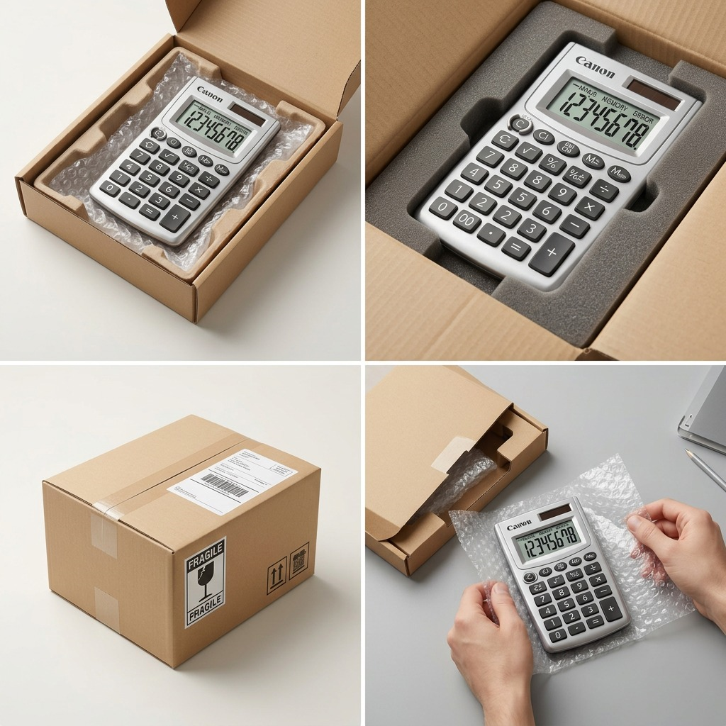 Canon LS-270L calculator shown in secure shipping packaging with bubble wrap and protective foam.