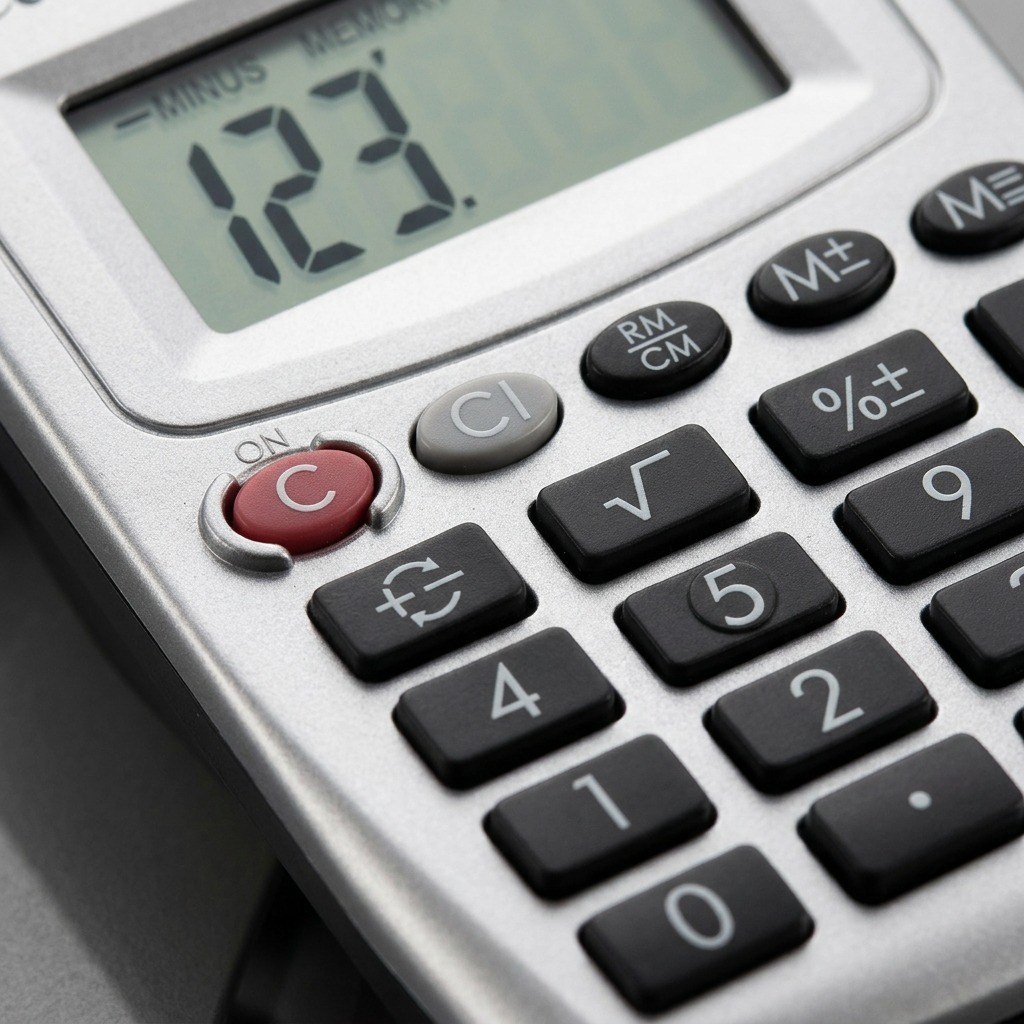 Macro detail of the Canon LS-270L calculator keypad and large 8-digit LCD screen display.