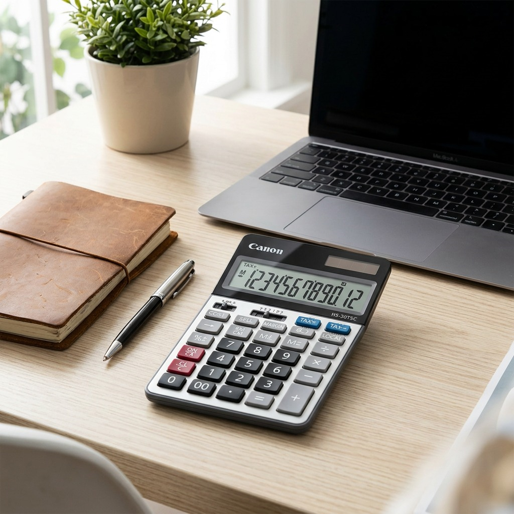 Canon HS-20TSC 12-digit desktop calculator on a wooden office desk next to a laptop and notebook.