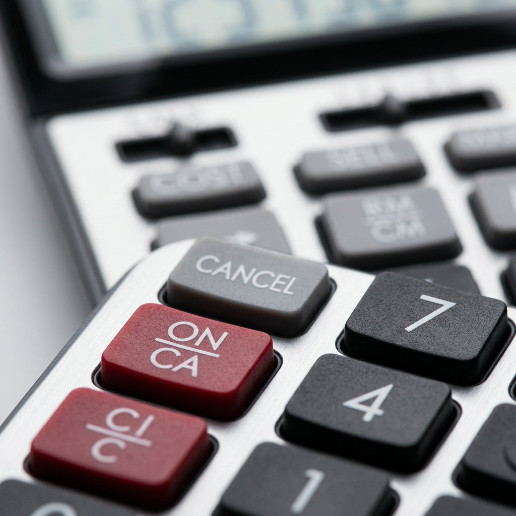 Macro detail of CANCEL and ON/CA buttons on a Canon HS-20TSC calculator with brushed silver finish.