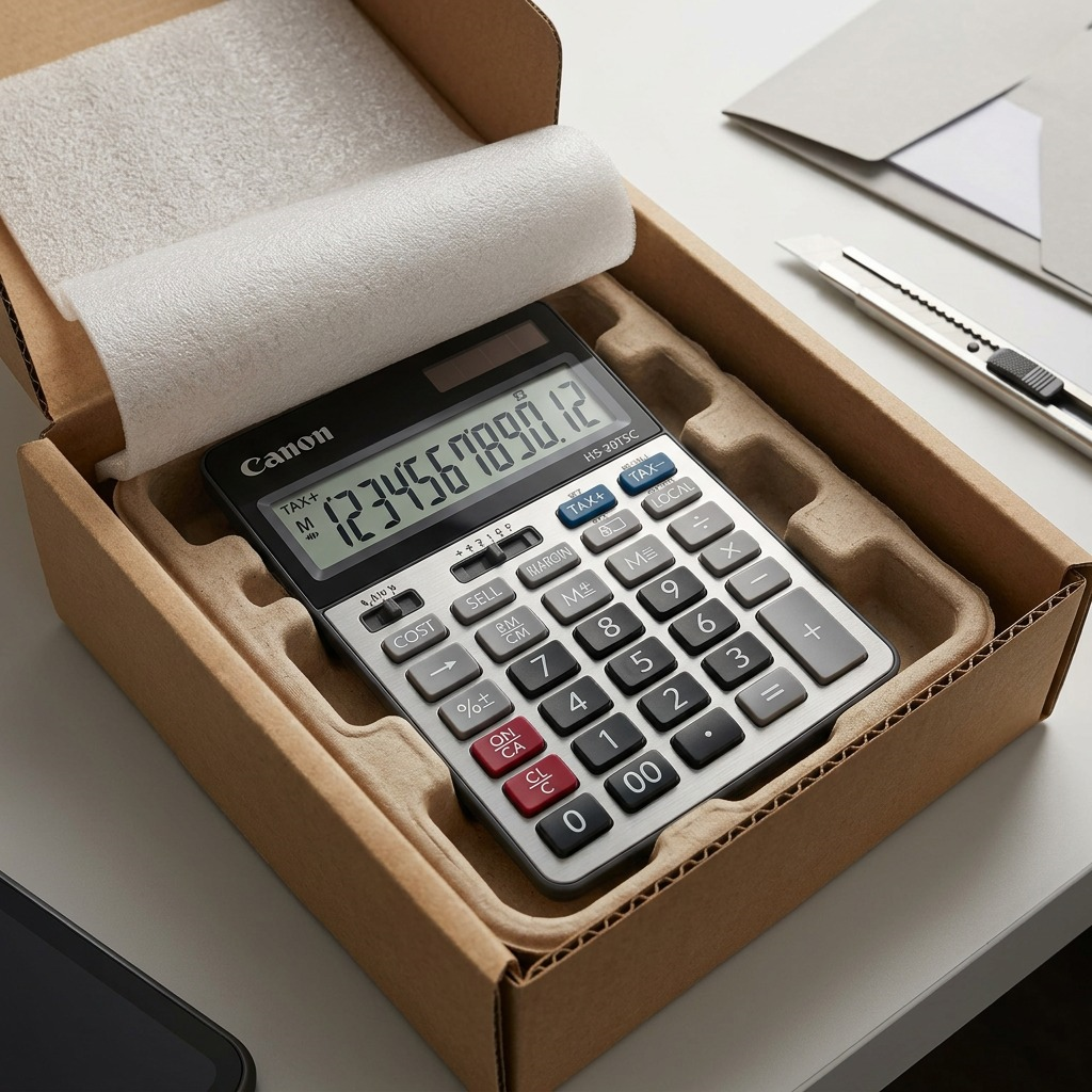 Canon HS-20TSC desktop calculator securely packed in a cardboard shipping box with foam protection.