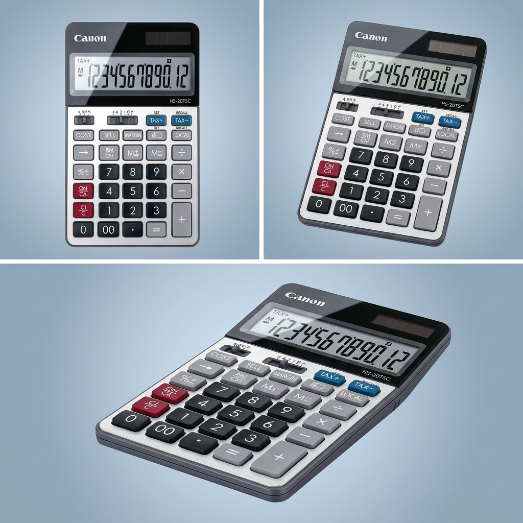 Gallery showing the Canon HS-20TSC desktop calculator from front, side, and isometric angles.