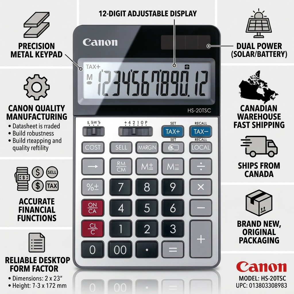 Infographic for Canon HS-20TSC calculator highlighting 12-digit display, solar power, and Canadian shipping.