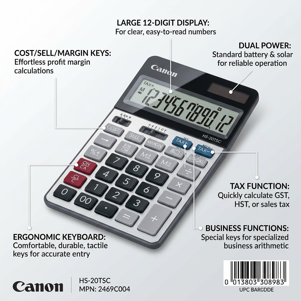 Canon HS-20TSC calculator with feature callouts for 12-digit display, dual power, and tax keys.