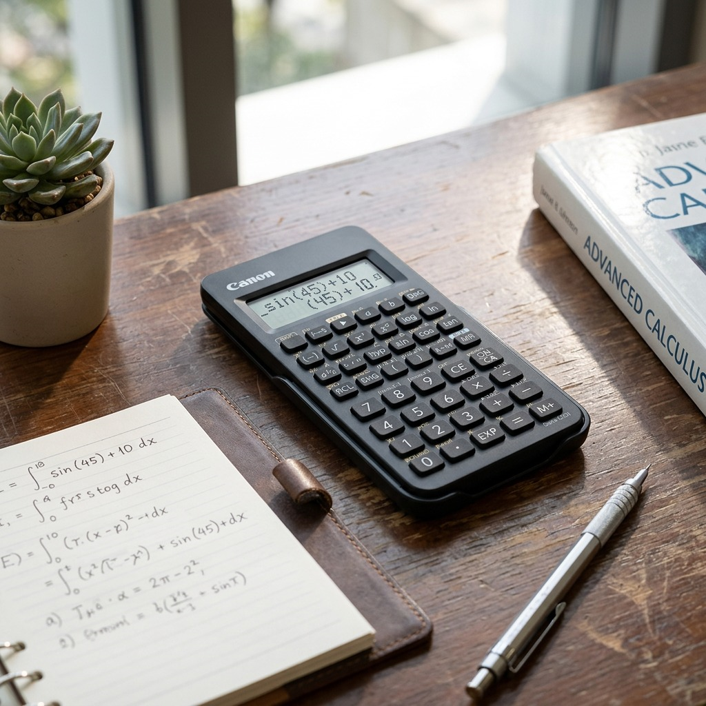Front view of a black Canon F-605G scientific calculator with a 10+2 digit display on white.