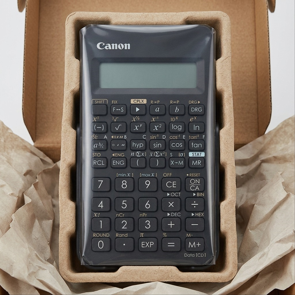 Canon F-605G scientific calculator securely packed in protective shipping materials and box.