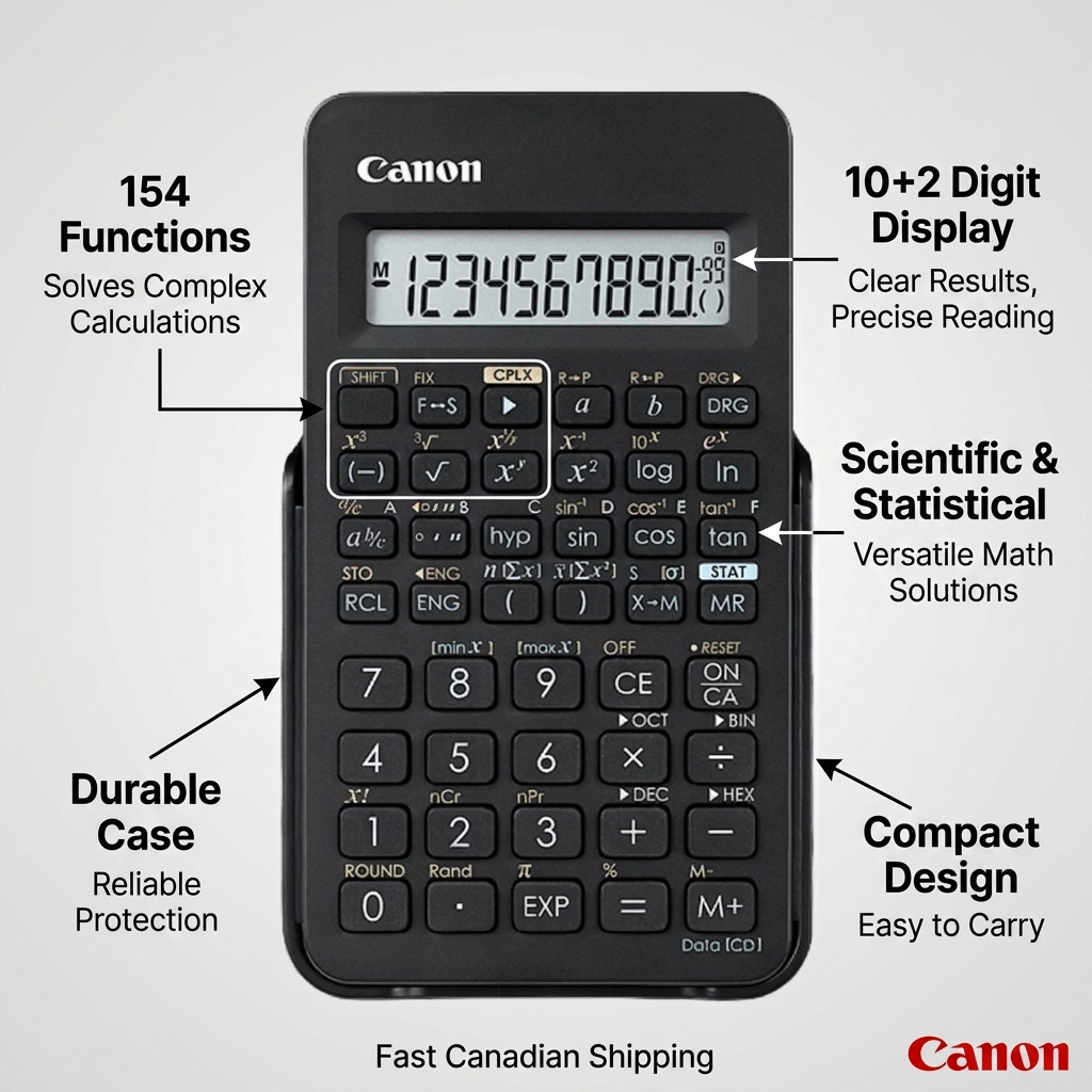 Canon F-605G scientific calculator with callouts highlighting 154 functions and 10+2 digit display.