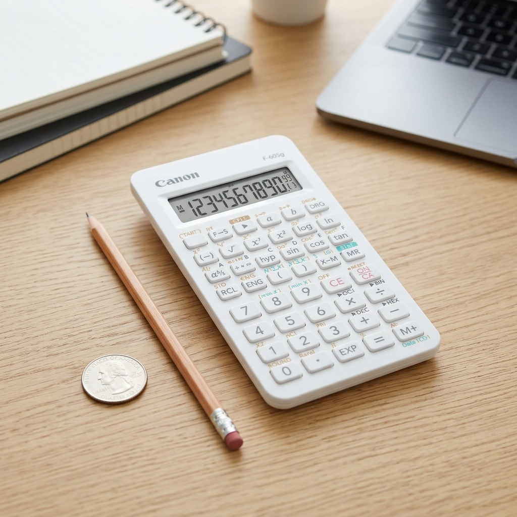 Canon F-605G scientific calculator in white with a 10+2 digit display on a white background.