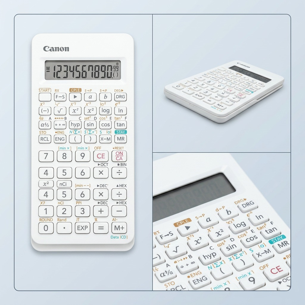 Grid of the Canon F-605G scientific calculator showing a front view, angled side view, and close-up.