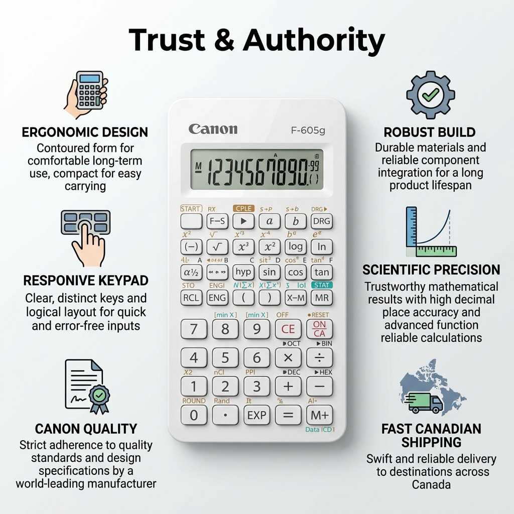 Trust infographic for Canon F-605G Scientific Calculator highlighting design, build, and shipping.