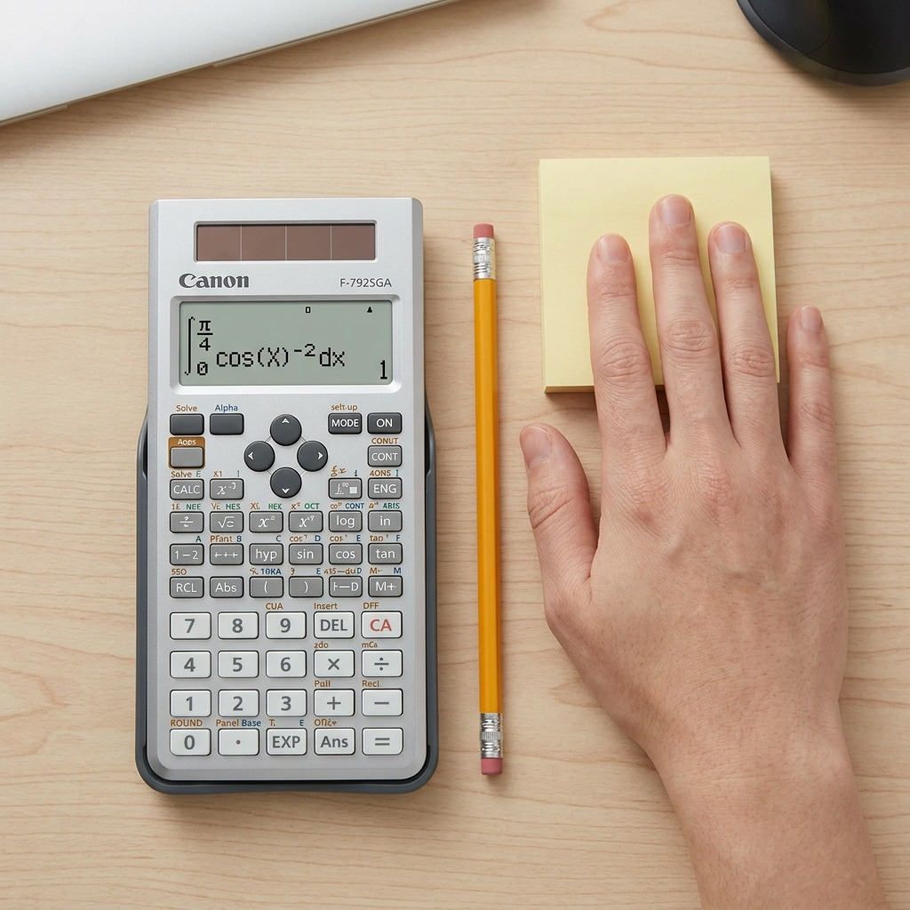 Canon F-792SGA scientific calculator in grey with 4-line display, solar panel, and hard case.