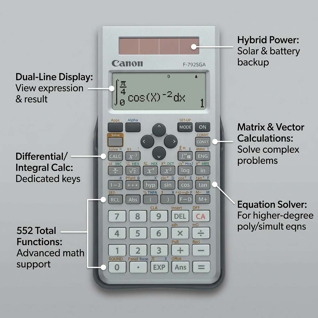 Canon F-792SGA scientific calculator feature graphic showing solar power and 648 math functions.