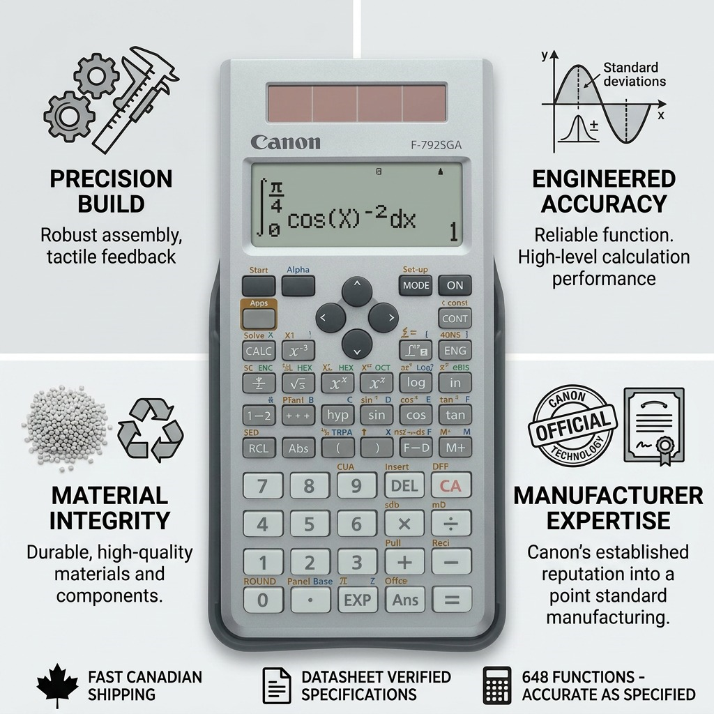 Trust infographic for Canon F-792SGA calculator highlighting 648 functions and precision build.