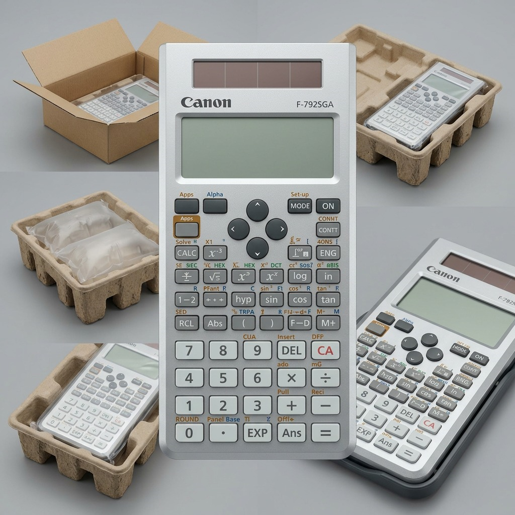 Canon F-792SGA scientific calculator in protective shipping box with molded pulp tray packaging.