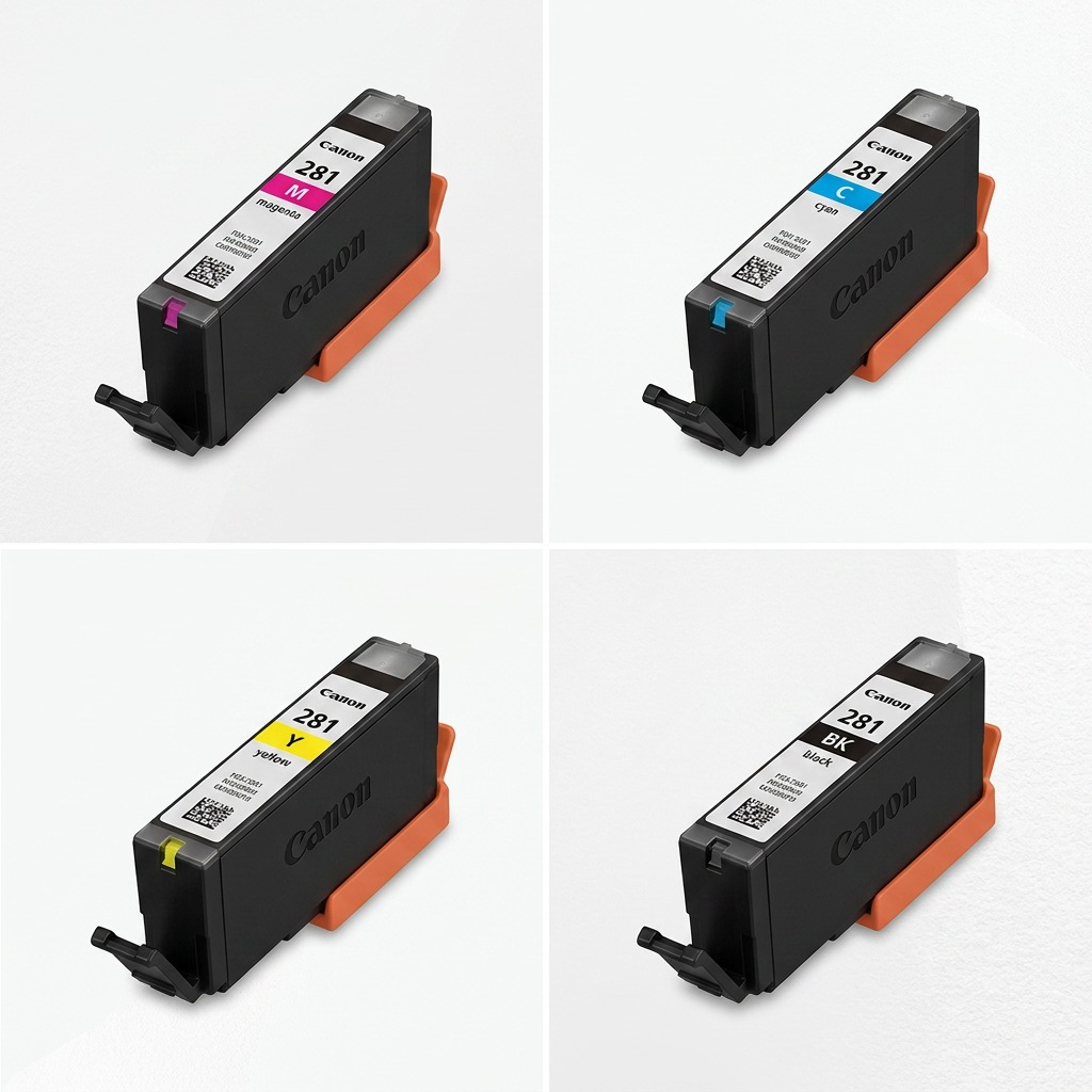 Présentation des cartouches Canon CLI-281 cyan, magenta, jaune et noire dans une grille comparative.
