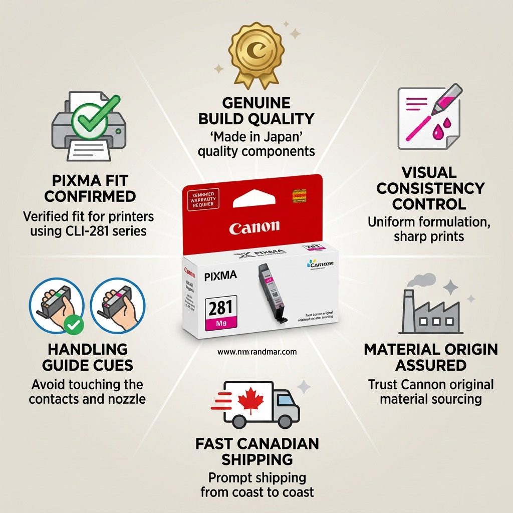 Infographie de la cartouche magenta Canon CLI-281, référence 2089C001, et de sa compatibilité.