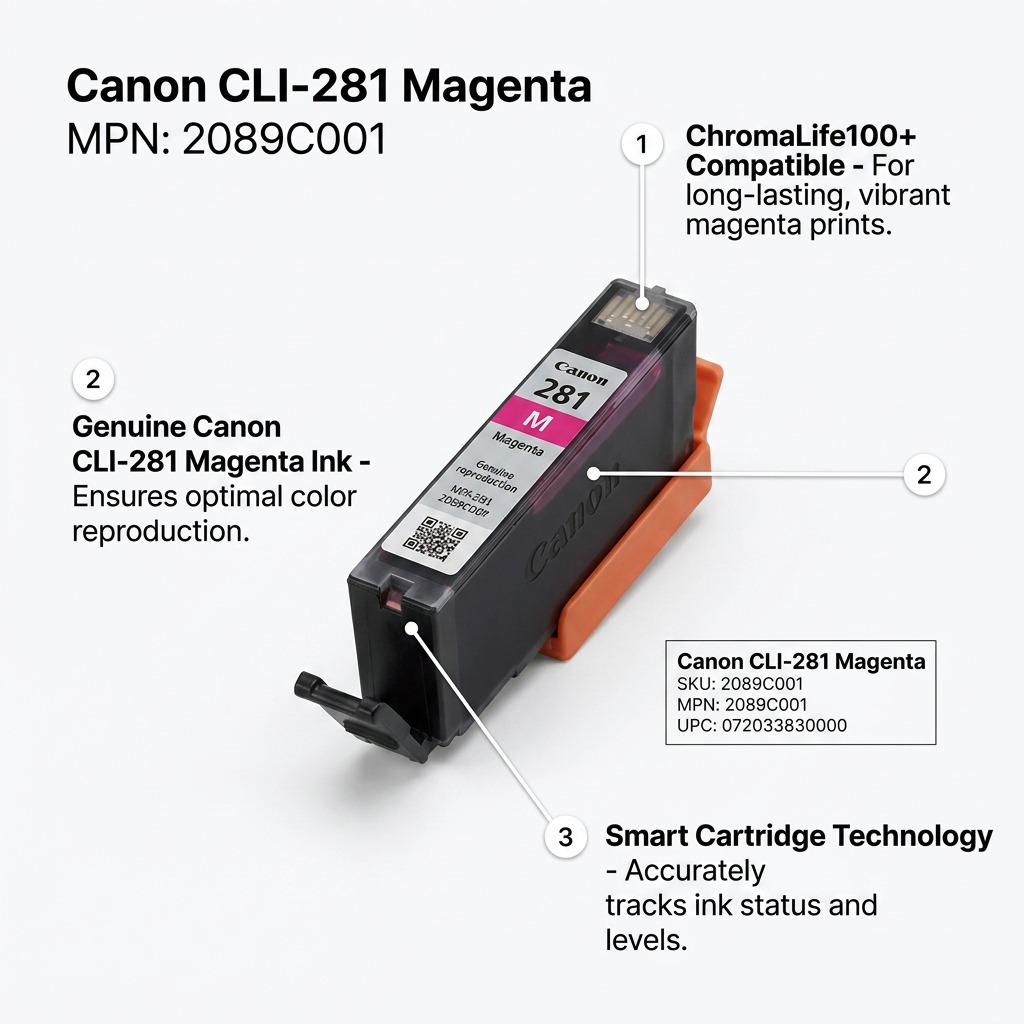 Infographie de la cartouche magenta Canon CLI-281 avec annotations des caractéristiques.