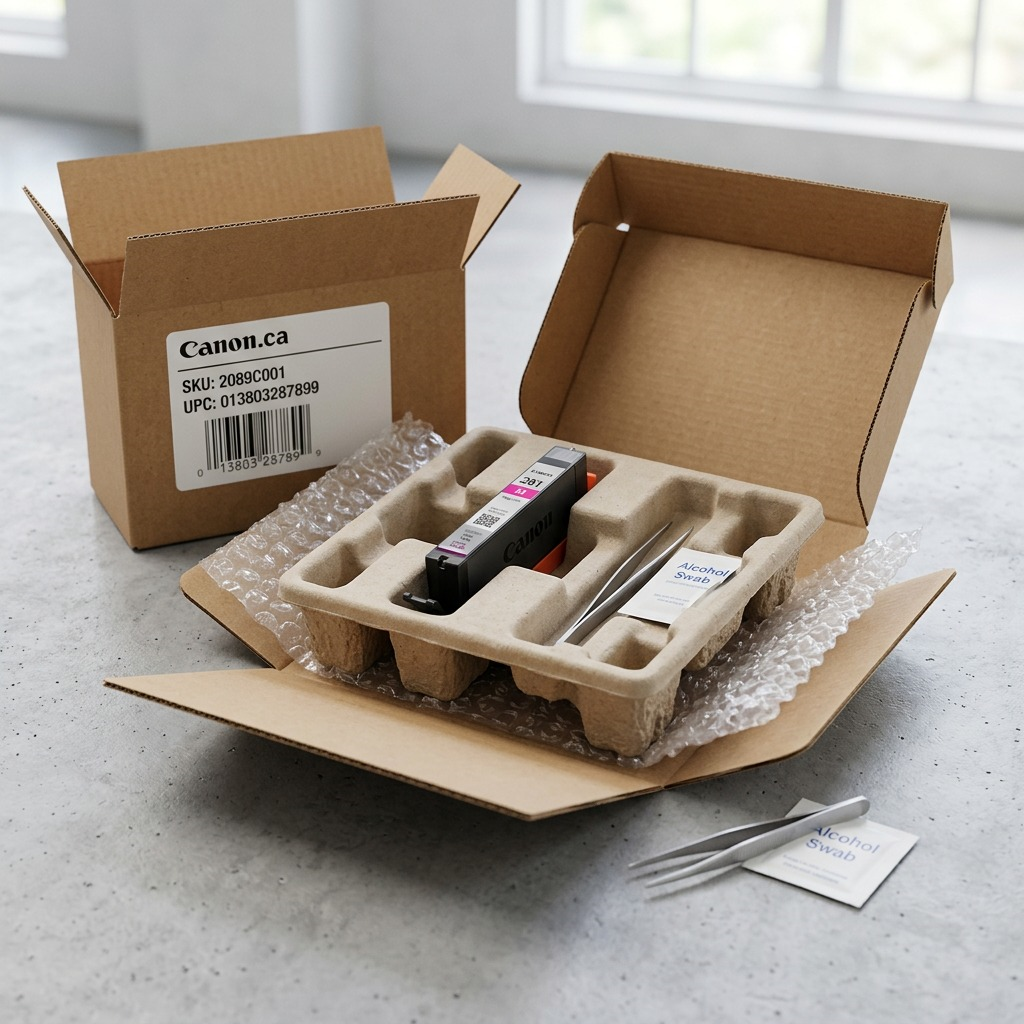 Cartouche d’encre magenta Canon CLI-281 dans son emballage protecteur.