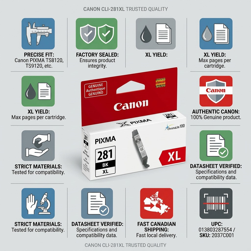 Infographie de la cartouche noire Canon CLI-281XL et de ses caractéristiques.