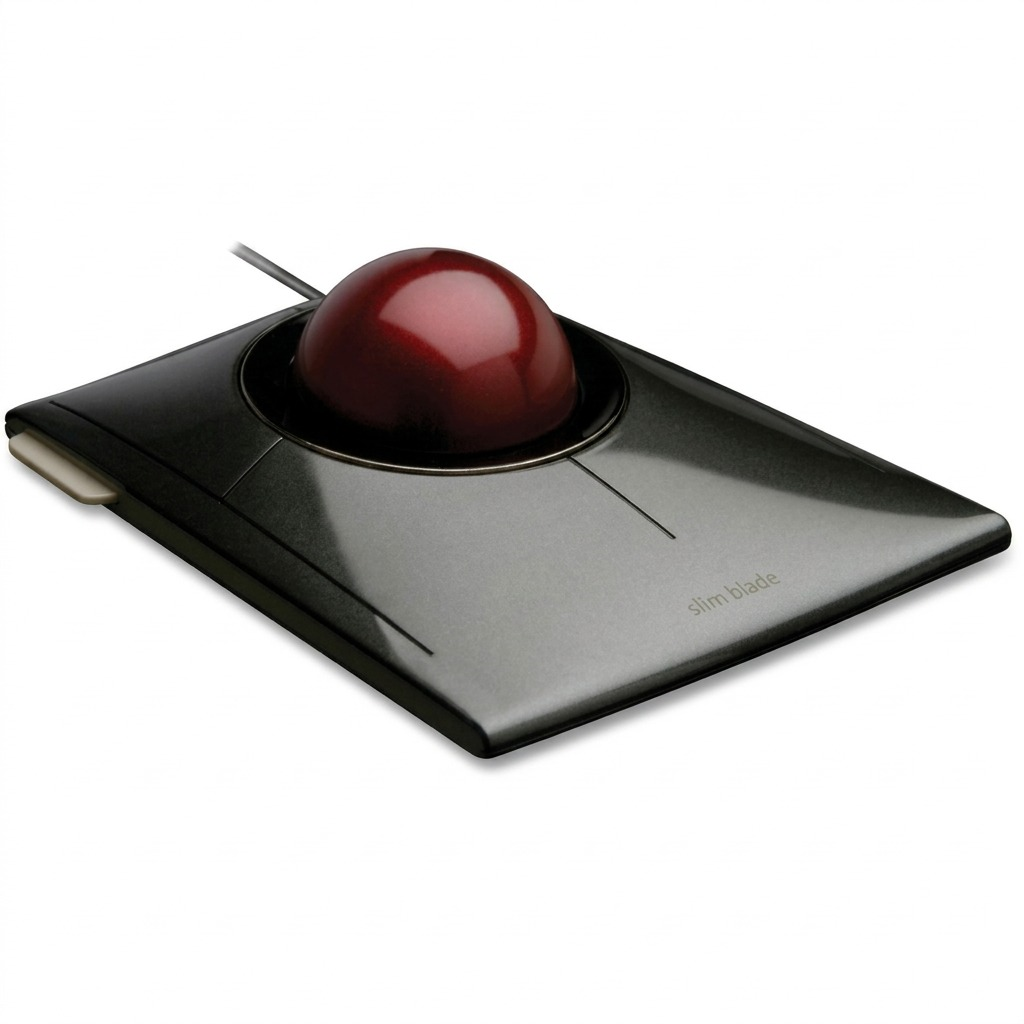 Kensington SlimBlade Trackball Mouse with a large ruby red ball and metallic grey ergonomic base.
