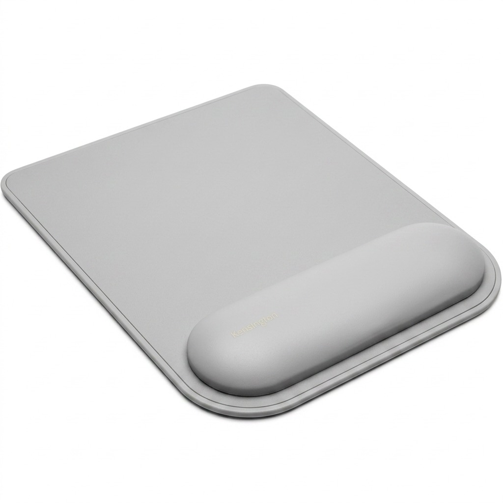 Grey Kensington ErgoSoft mouse pad with an integrated gel-cushioned ergonomic wrist rest on white.