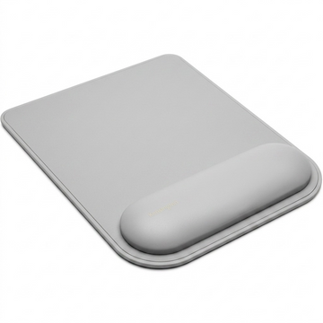 Grey Kensington ErgoSoft mouse pad with an integrated gel-cushioned ergonomic wrist rest on white.