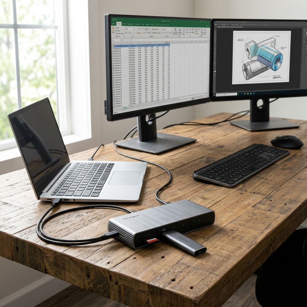 A lifestyle image showing the KensingtonSD5700T Thunderbolt 4 Dual 4K Dock connecting a laptop, two monitors, and peripherals in a home office.